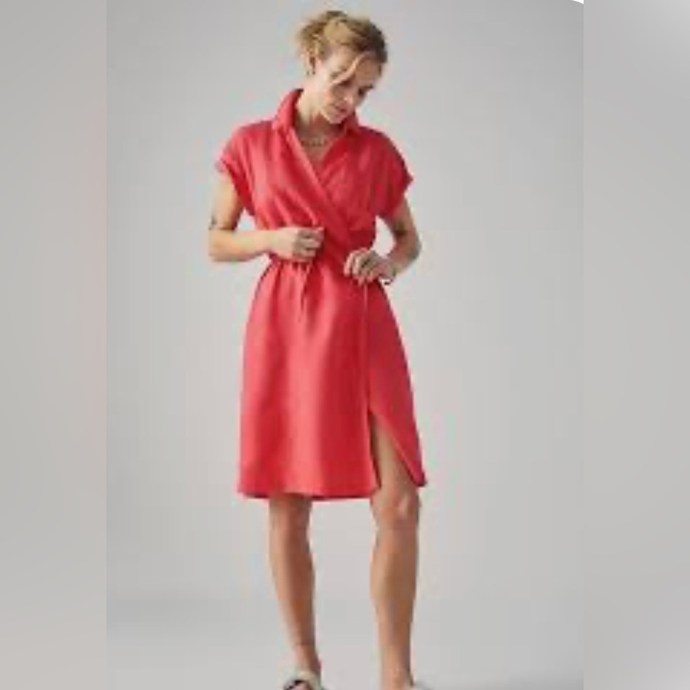 ATHLETA NWT Playa 100% Linen Short Sleeve Wrap Dress  in Passionfruit Coral // 8